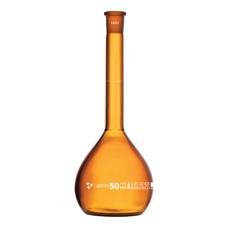 Flask, Volumetric, Class A, Amber with Plastic Stopper, 50mL