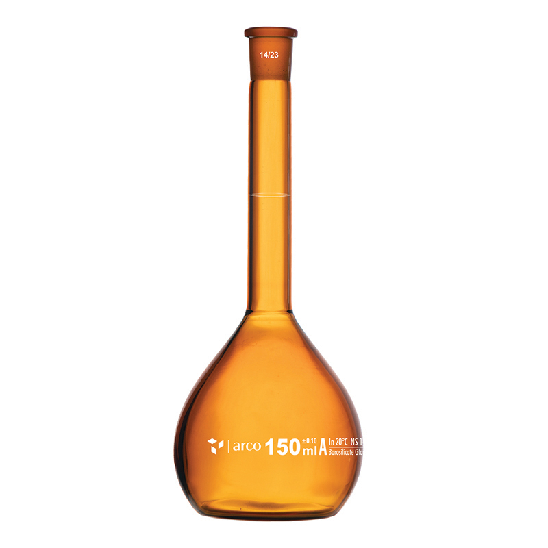 Flask, Volumetric, Class A, Amber with Plastic Stopper, 150mL