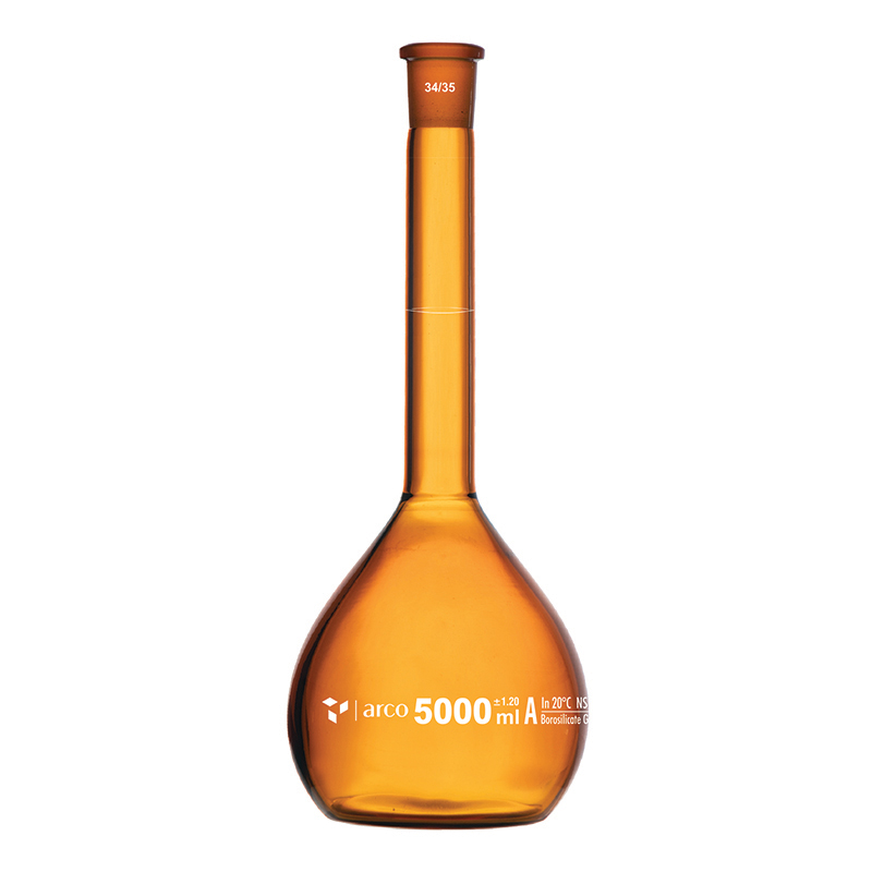 Flask, Volumetric, Class A, Amber with Plastic Stopper, 5000mL