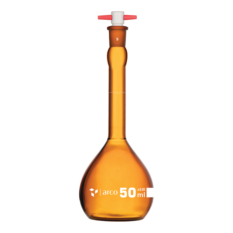 Flask, Volumetric, Class A, Amber with PTFE Stopper, 50mL