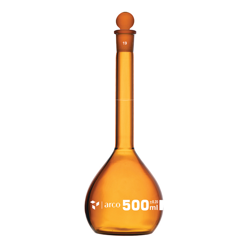 Flask, Volumetric, Class A, Amber with Penny Head Stopper, 500mL