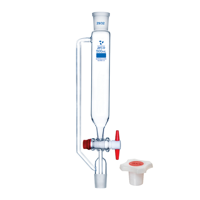 Funnel, Pressure Equilising, Cylindrical, PTFE Stopcock, 500mL