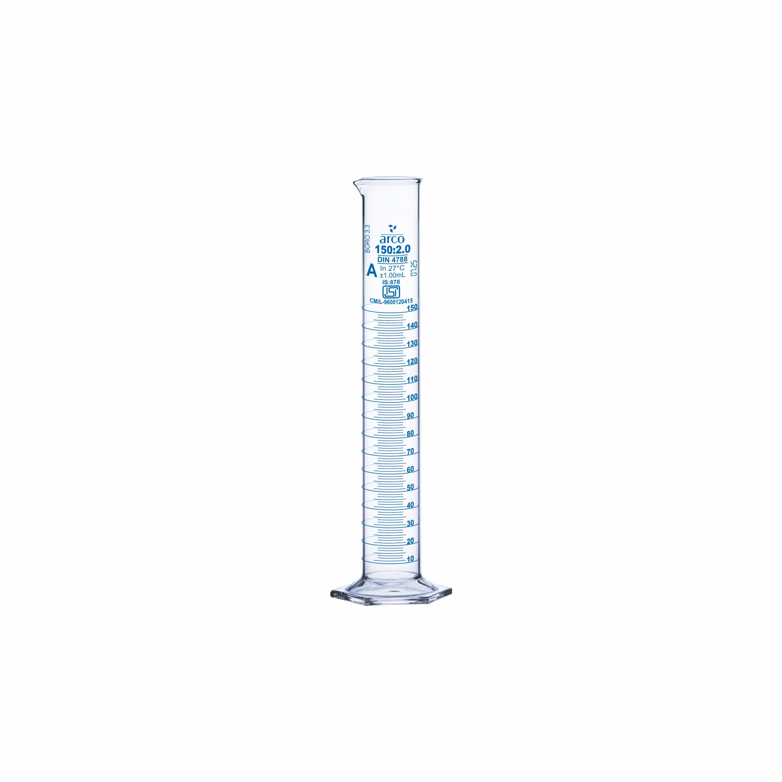 CYLINDER, MEASURING, CLASS 'A' HEXAGONAL BASE 150ml