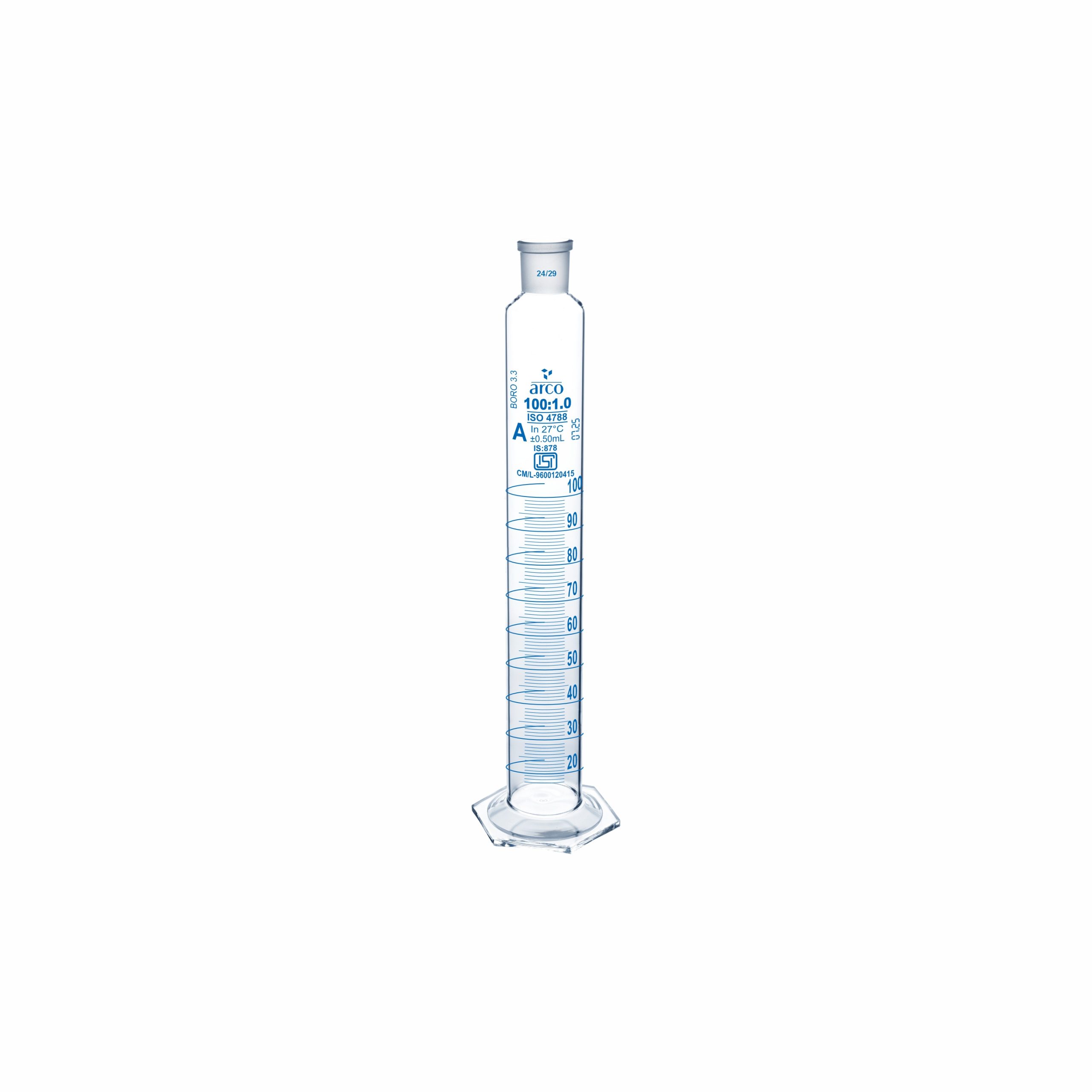 CYLINDER, MIXING, CLASS 'A' HEXAGONAL BASE WITH STOPPER 100mL