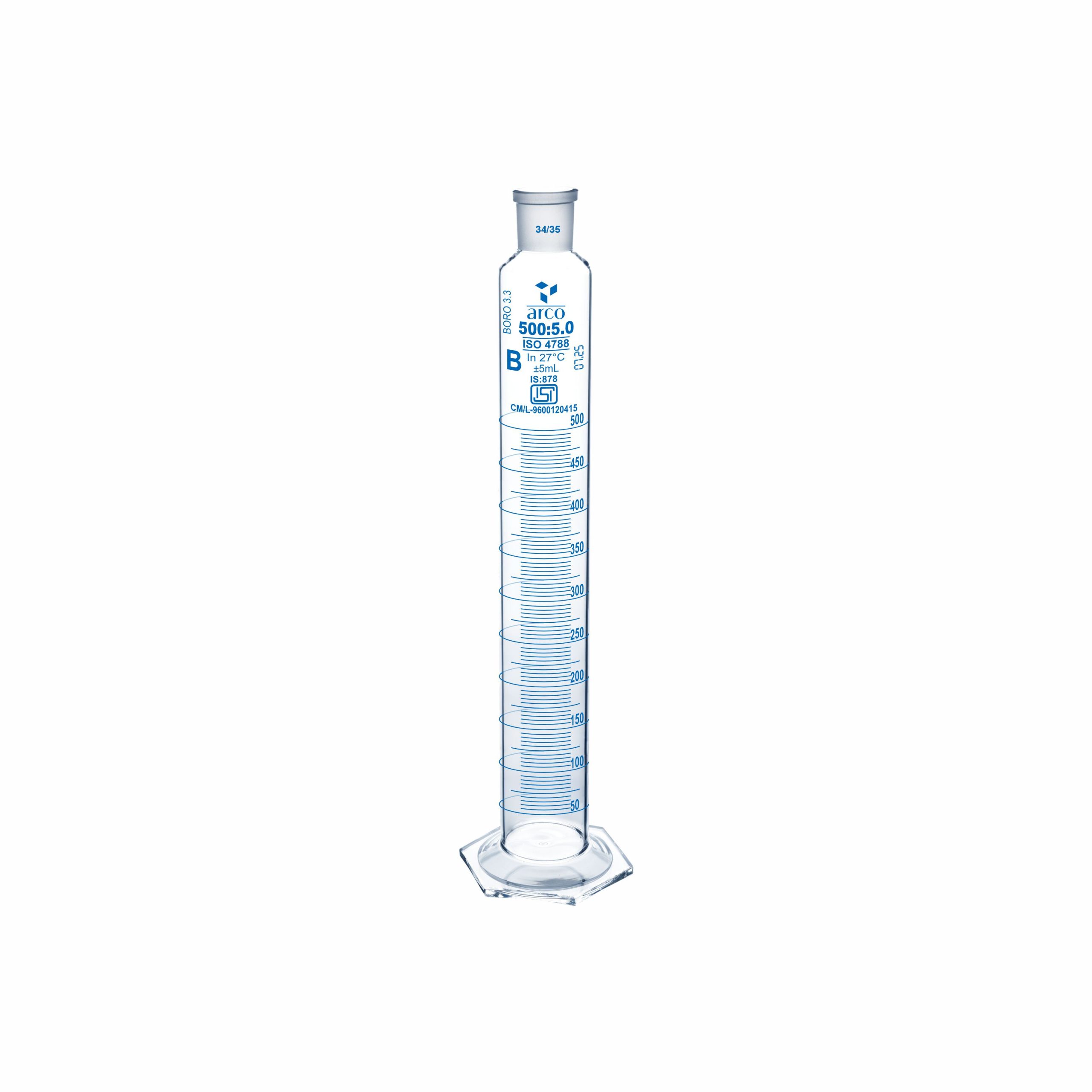 CYLINDER, MIXING, CLASS 'B' HEXAGONAL BASE WITH STOPPER 500ml