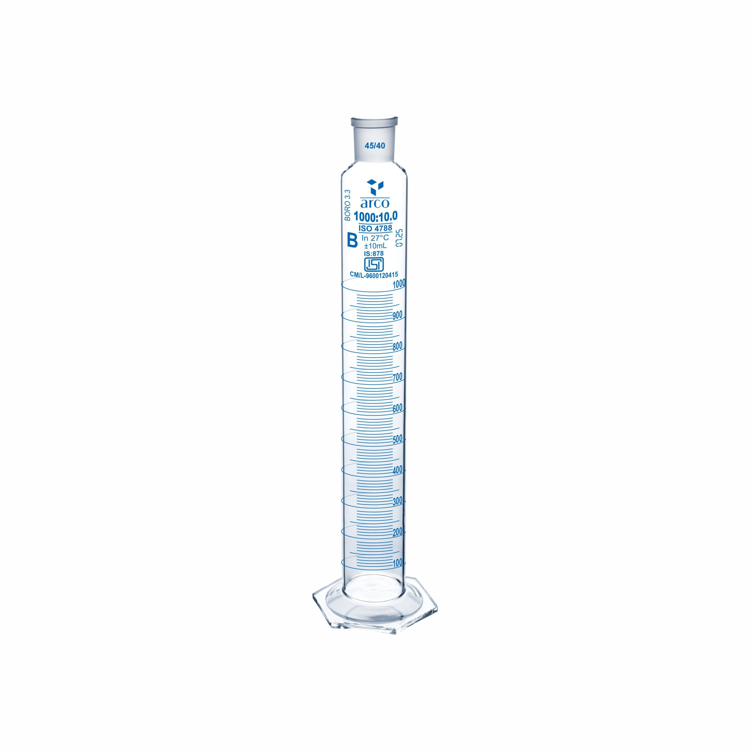 CYLINDER, MIXING, CLASS 'B' HEXAGONAL BASE WITH STOPPER 1000ml