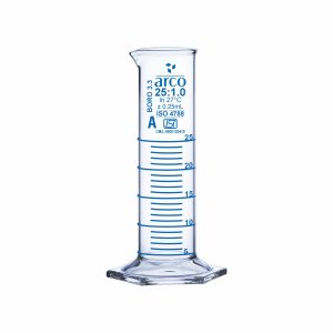 CYLINDER, MEASURING, SQUAT FORM,HEXAGONAL BASE, CLASS 'A' 25ML