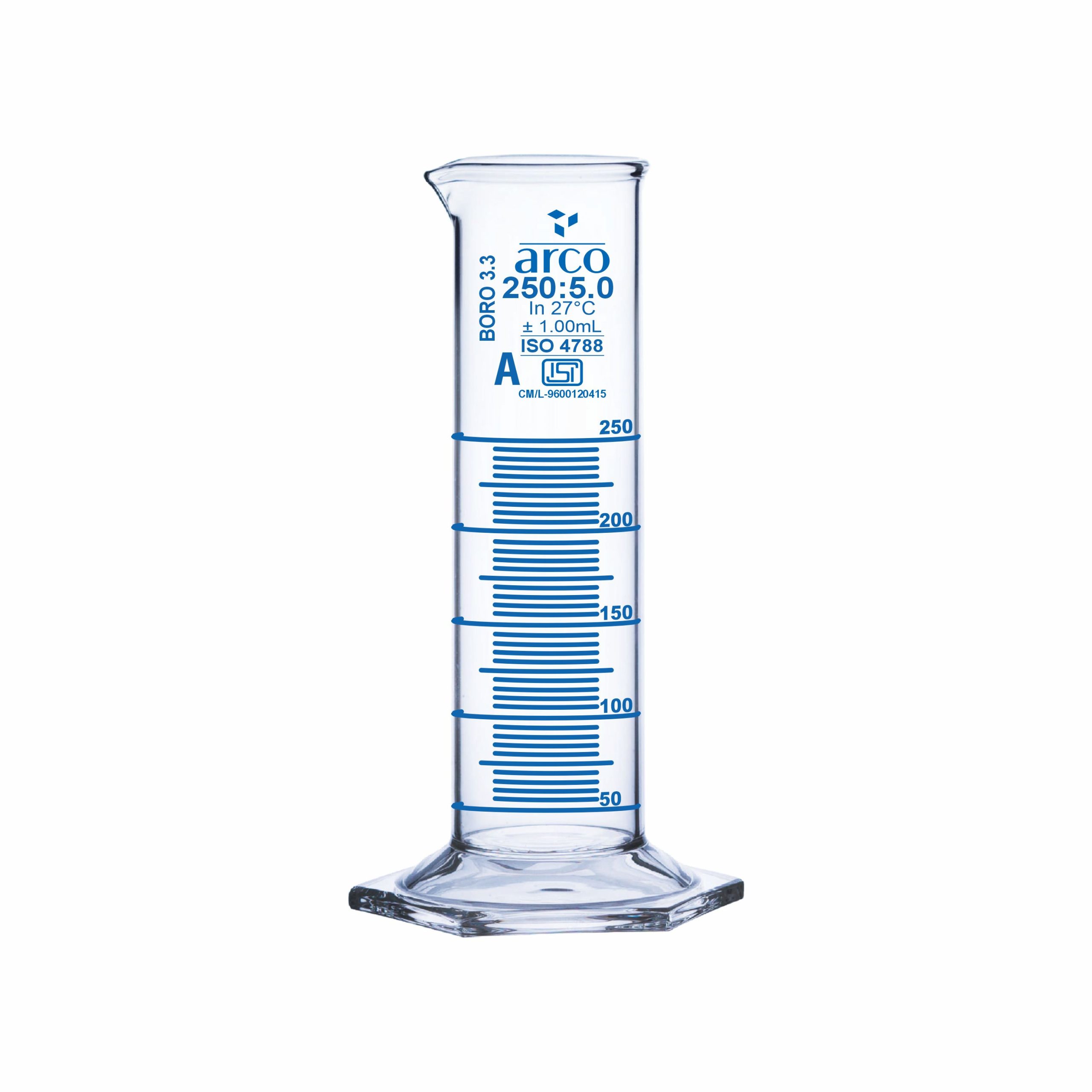 CYLINDER, MEASURING, SQUAT FORM,HEXAGONAL BASE, CLASS 'A' 250ML
