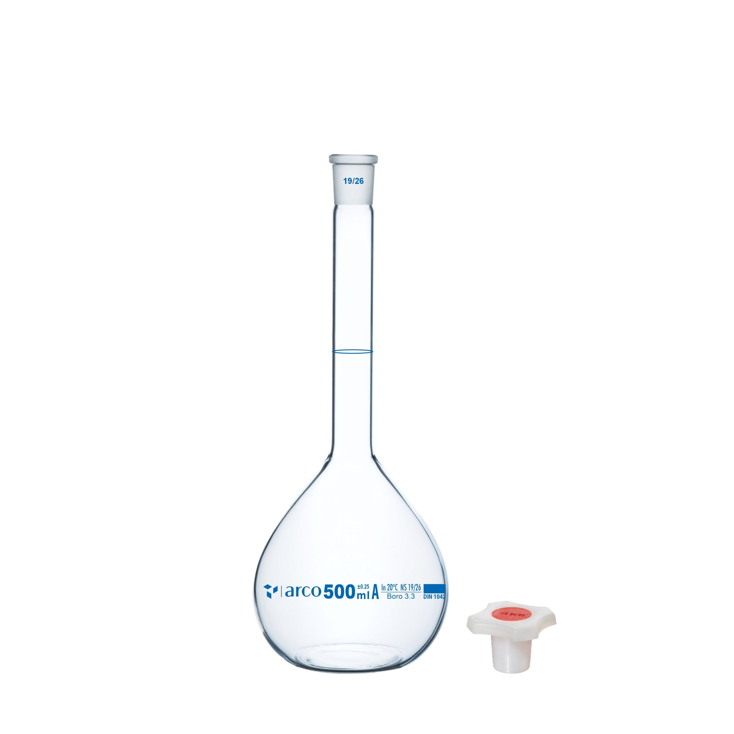 FLASK, VOLUMETRIC Class'A' Narrow Mouth, Clear with Individual Calibration Certificate 500ml