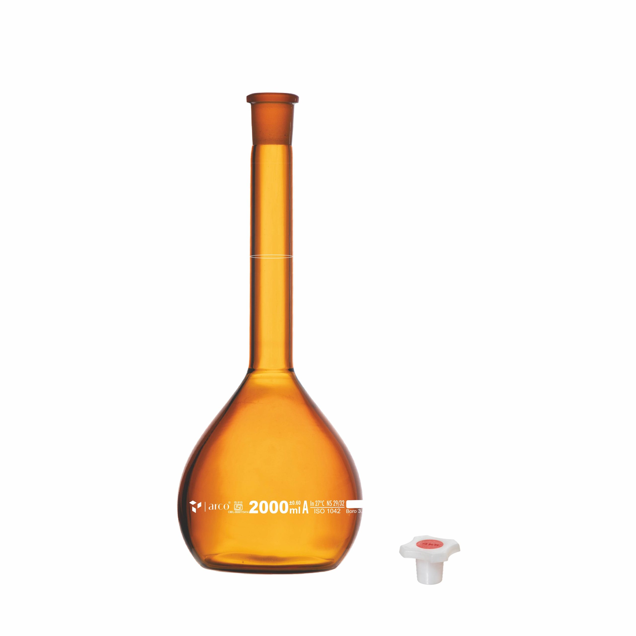 "FLASK, VOLUMETRIC, CLASS 'A’ Narrow Mouth, Amber with Individual Calibration Certificate" 2000ML