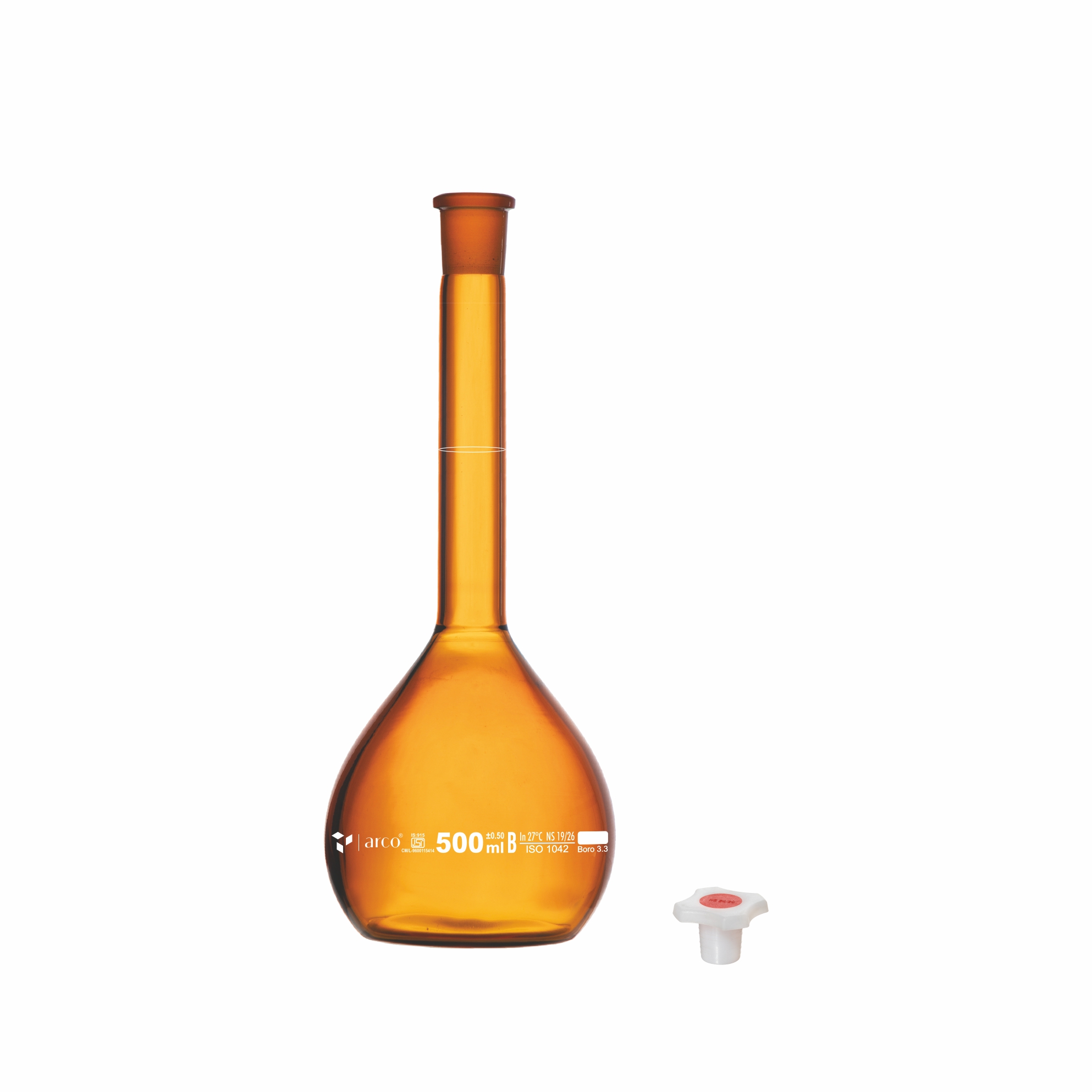 FLASK VOLUMETRIC Class'B' Narrow Mouth, Amber 500ml