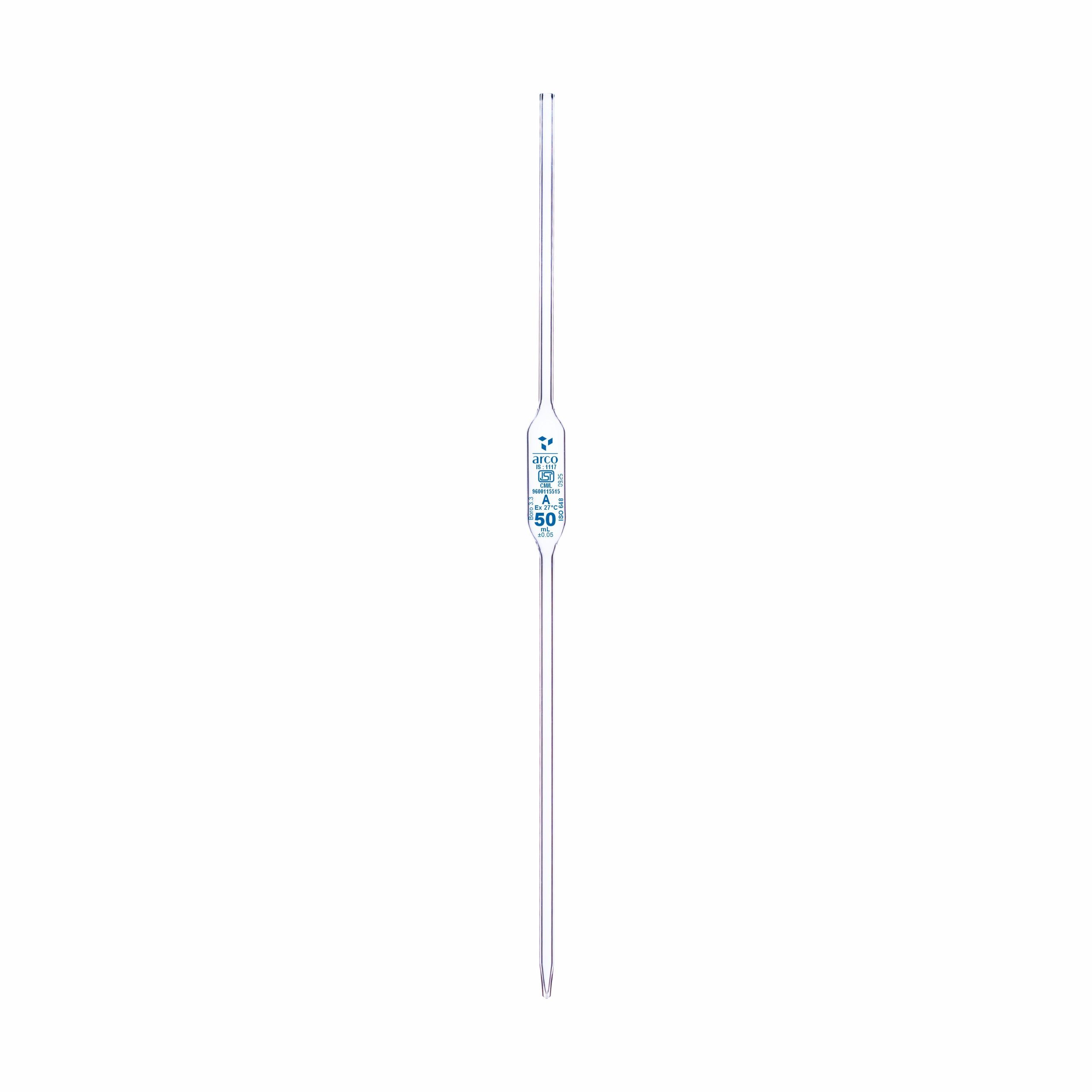VOLUMETRIC PIPETTES, CLASS 'A' ONE MARK WITH INDIVIDUAL CALIBRATION CERTIFICATE 50ml