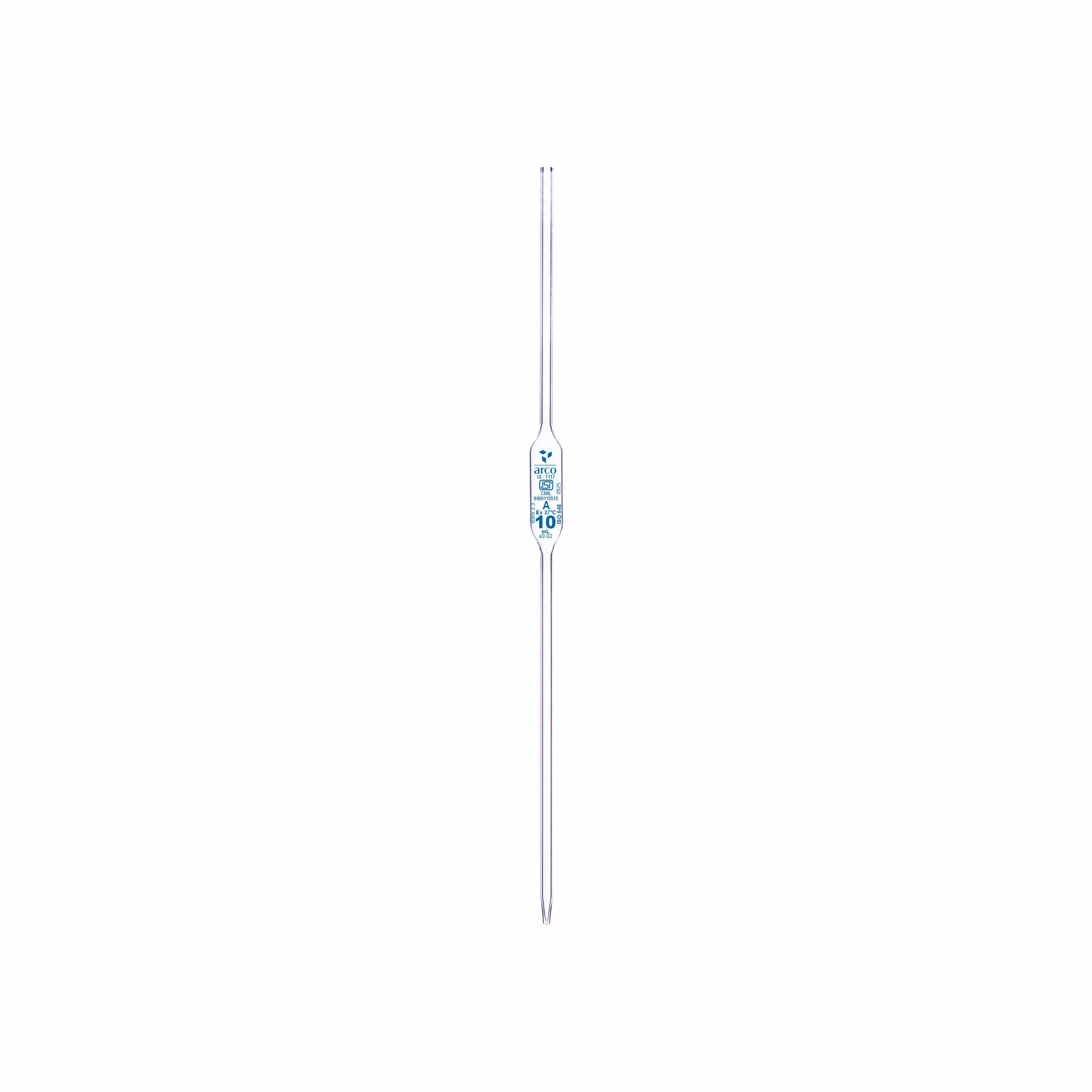 VOLUMETRIC PIPETTES, CLASS 'A' ONE MARK WITH INDIVIDUAL CALIBRATION CERTIFICATE 10ml